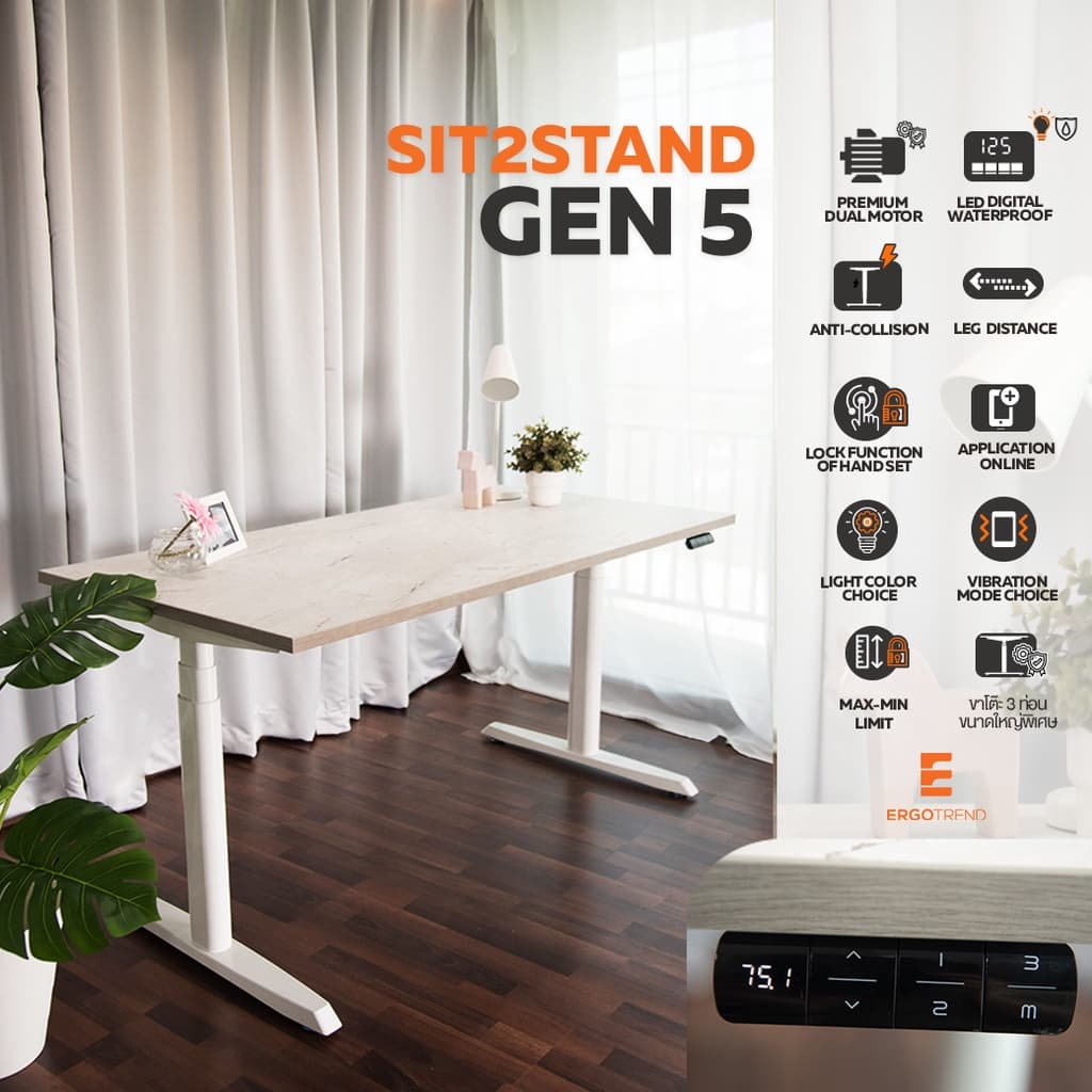 ErgoTrend (Pre-Order) โต๊ะปรับระดับไฟฟ้าเพื่อสุขภาพ Sit2Stand GEN5 ไม้PB (Premium dual motor) https://lnwchill.com