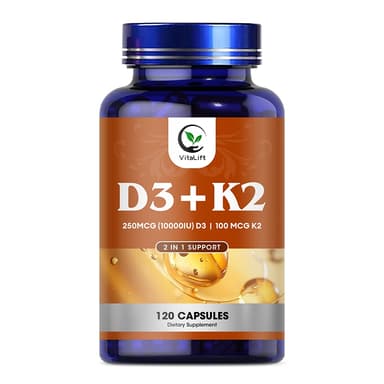 Vitalift K2 (MK7) พร้อมอาหารเสริม D3 สูตรไม่ใช่จีเอ็มโอ 10000 IU วิตามิน D3 & 100 mcg วิตามิน K2 MK-7 กลืนง่าย วิตามิน D & K Complex