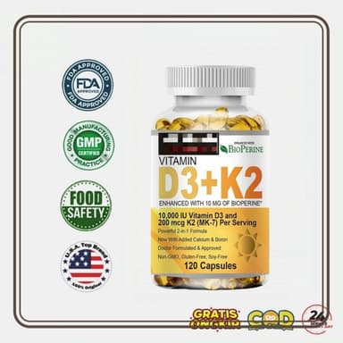 Vitamin D3+K2 10000IU MK-7 ผสมแคลเซียม โบรอน BioPerine สนับสนุนกระดูก ฟัน ระบบภูมิคุ้มกัน [120 แคปซูล]