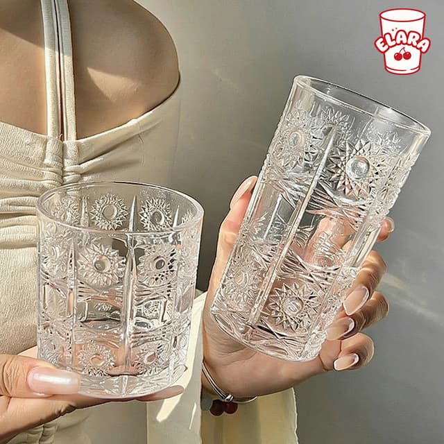 แก้วน้ำแก้วลายวินเทจ 310ml แก้วใสลายแกะสลัก สไตล์ยุโรป ถ้วยน