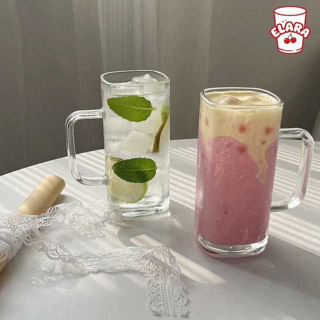 แก้วกาแฟเย็นมีหูจับ 320ml ทรงสี่เหลี่ยม สำหรับร้านกาแฟ บาร์ 