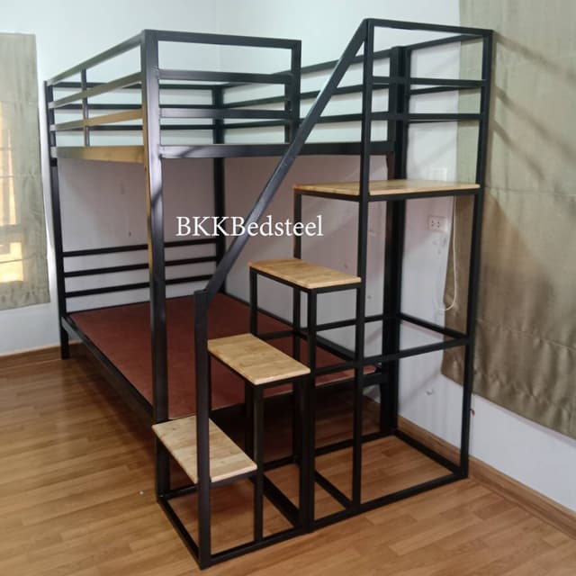 เตียง 2 ชั้น บันไดเดินขึ้นข้าง กันตกรอบเตียง ทำจากเหล็กกล่อง หนา1.2 มิล แข็งแรง ไม่โยก