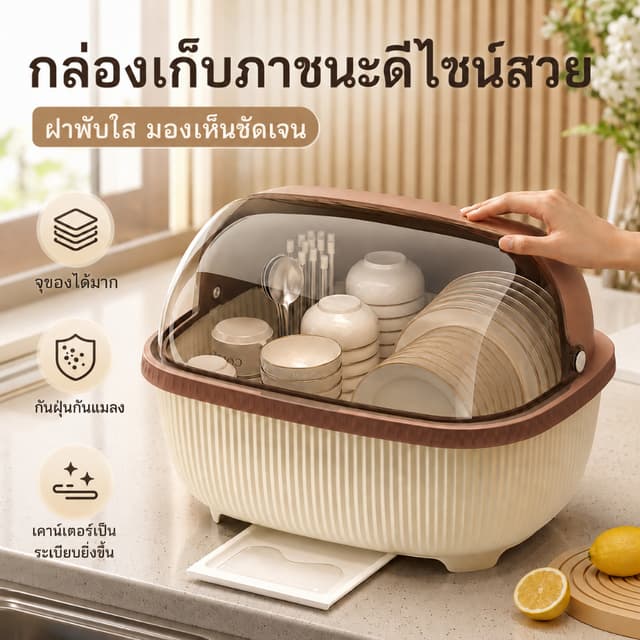 พร้อมส่ง ที่คว่ำจานมีฝาปิด กล่องเก็บจานชาม กันฝุ่นแมลง ระบาย