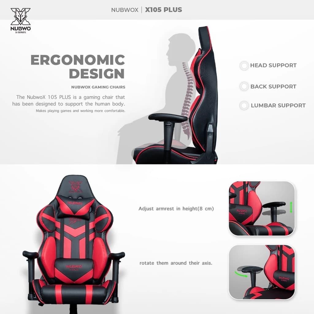 NUBWO เก้าอี้เล่นเกม เก้าอี้ทำงาน GAMING CHAIR นุ่มสบาย ตามหลักสรีระศาสตร์ รับน้ำหนักได้ถึง 180 กก. เหมาะกับคนสูง 160-180 ซม. เก้าอี้เกมมิ่ง รุ่น X105+ https://lnwchill.com