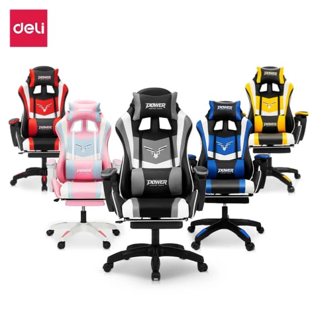 Deli เก้าอี้เกมมิ่ง เก้าอี้คอม เล่นเกม เก้าอี้สีดำ เก้าอี้สีแดง เก้าอี้สีชมพู เก้าอี้สีน้ำเงิน เก้าอี้สีเหลือง ขาเหล็ก+หมอนคู่ถอดได้+ที่พักเท้ายืดไสลด์ ปรับความสูงได้ นั่งสบาย เก้าอี้เกมมิ่งเพื่อสุขภาพ E-Sport Gaming Chair