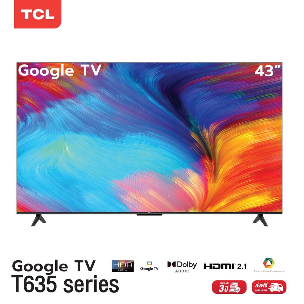 TCL ทีวี 43 นิ้ว LED 4K UHD Google TV รองรับ WiFi รุ่น 43T635 ระบบปฏิบัติการ Google& Youtube, Voice search https://lnwchill.com