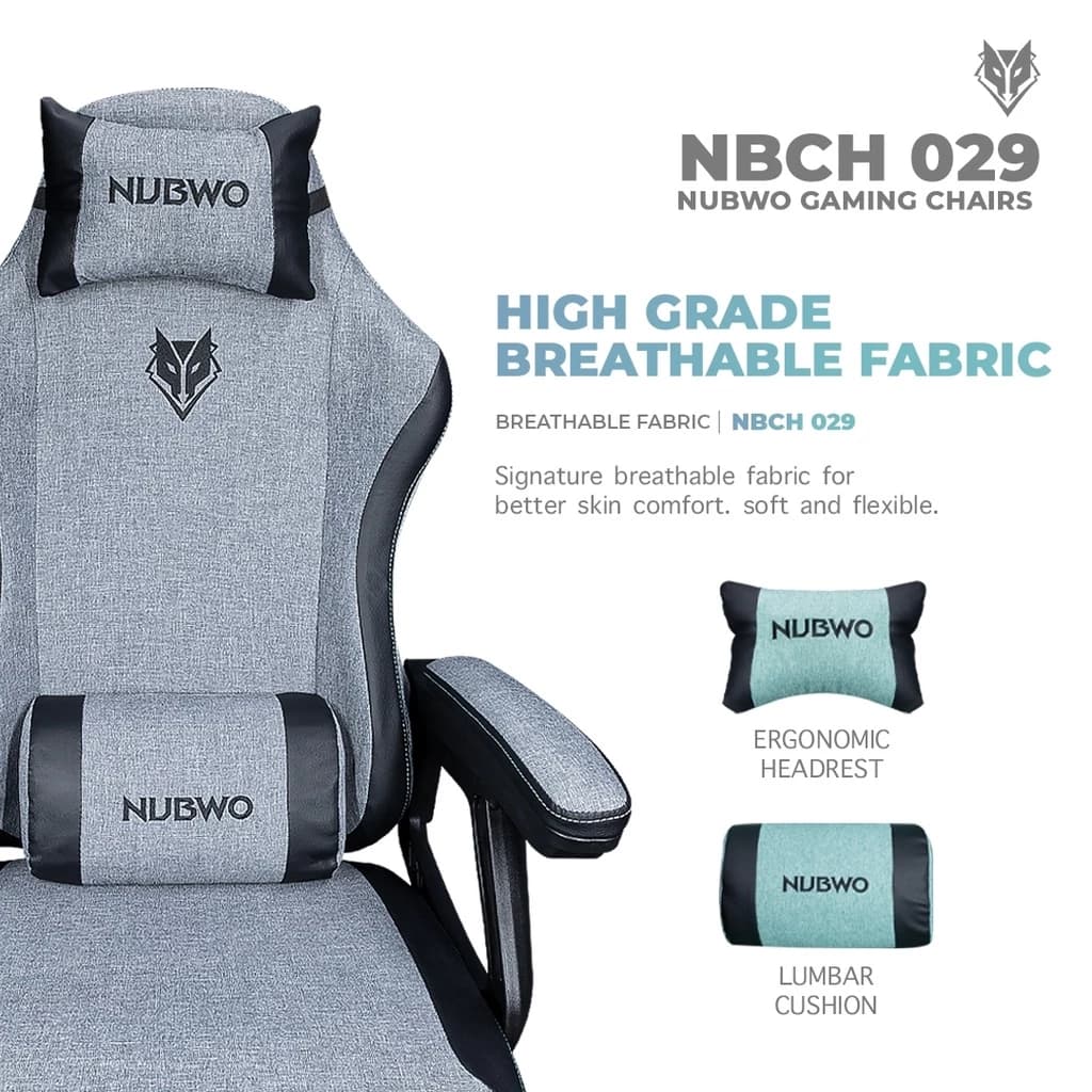 NUBWO เก้าอี้เกมมิ่ง เก้าอี้เกมมิ่งเพื่อสุขภาพ เก้าอี้ทำงาน เก้าอี้สีดำ สีเทา สีเขียว วัสดุผลิตจากผ้าระบายอากาศ มีหมอนรองคอและหลัง รุ่น NBCH-029 Gaming Chair E-Sport ปรับเอนได้ 160 องศา https://lnwchill.com