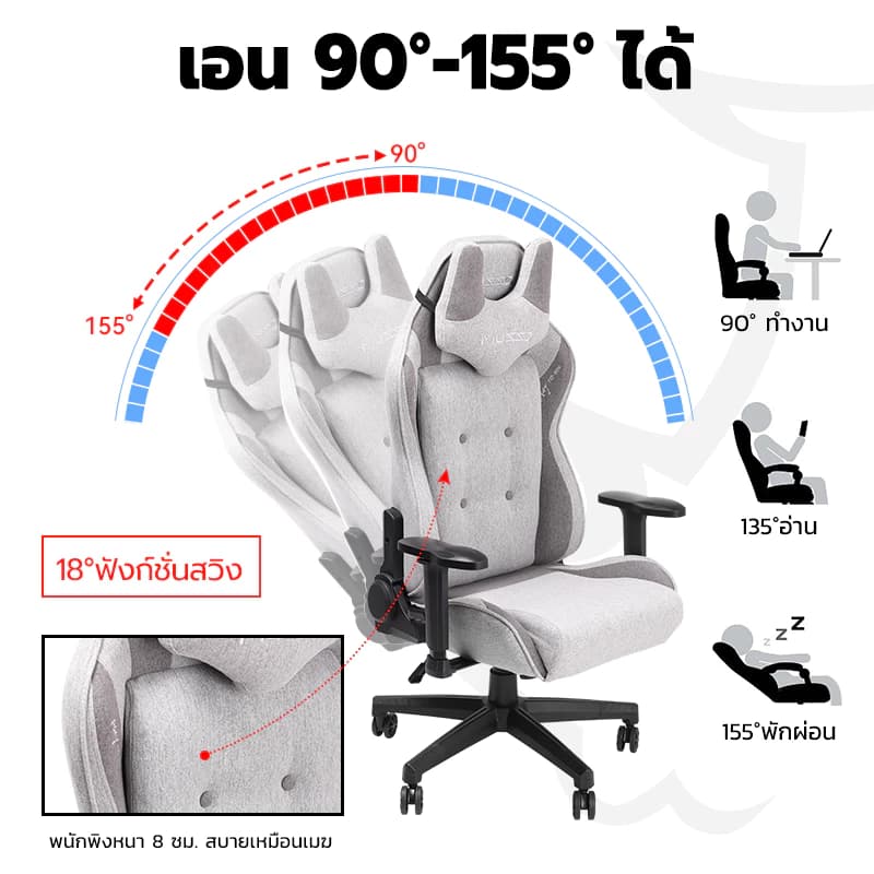 MUSSO รุ่น Matador Series เก้าอี้สีเทา เก้าอี้เบาะผ้า เก้าอี้เล่นเกมเก้าอี้คอมพิวเตอร์ปรับระดับได้ เก้าอี้สำนักงานผู้บริหารหระดับพรีเมียมออกแบบตามหลักสรีรศาสตร์ https://lnwchill.com