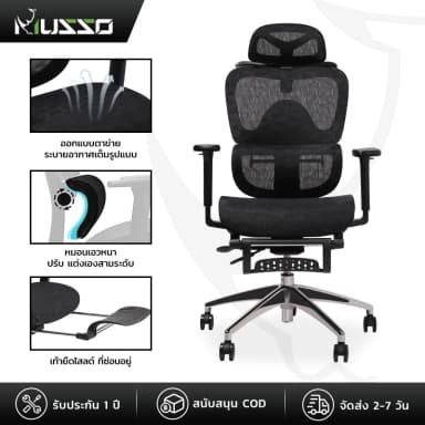 MUSSO รุ่น E600 PRO เก้าอี้สำนักงาน ergonomic ที่วางแขน 3D ปรับได้ เก้าอี้ออฟฟิศพร้อมพนักพิงศีรษะและเอวปรับได้ เก้าอี้สีเทา เก้าอี้สีดำ ราคาดี