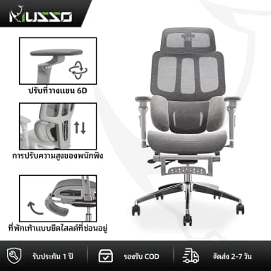 MUSSO รุ่น H80 PRO เก้าอี้สีเทา เก้าอี้สีดำ เก้าอี้สำนักงานตามหลักสรีรศาสตร์ 6D เก้าอี้เบาะ นุ่ม ที่เท้าแขน พนักพิงศีรษะปรับได้ ONE-YEAR WARRANTY