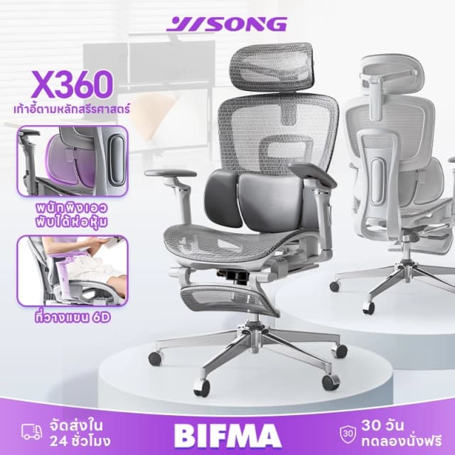 YISONG รุ่น X360 เก้าอี้สีขาว เก้าอี้สีเทา เก้าอี้ทํางาน เก้าอี้เกมมิ่ง ปรับเอนได้ Ergonomic chair 7D อัพเกรดที่วางแขน พื้นผิวตาข่ายไหมเย็นพิเศษที่พัฒนาใหม่