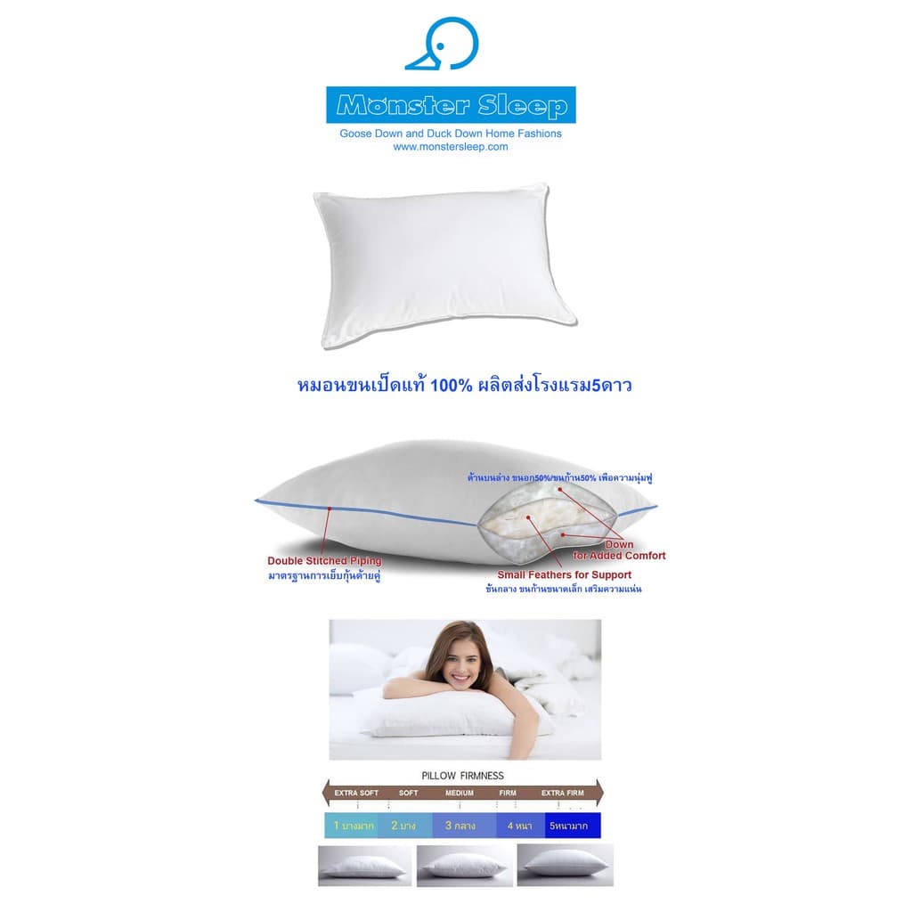 Monster Sleep รุ่น Duck Down Pillow หมอนขนเป็ดแท้ 100% ขนาด 19x29 นิ้ว สเป็คโรงแรม 5 ดาว https://lnwchill.com