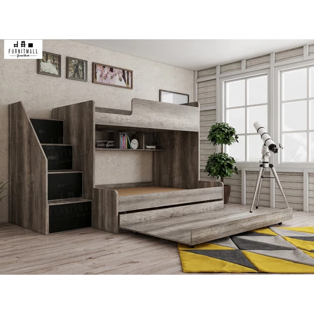 เตียงไม้2ชั้น 5+3.5, 6+3.5 ฟุต พร้อมถาด 3.5 ฟุต และบันไดกล่องลิ้นชัก https://lnwchill.com