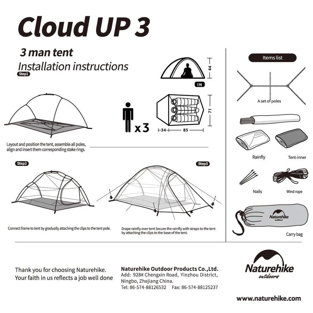 Naturehike Cloud Up เต็นท์ตั้งแคมป์ สำหรับ 3 คน https://lnwchill.com