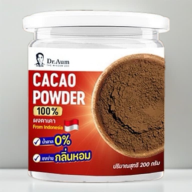 dr.aum รุ่น CACAO-200G ผงคาเคา 100% จากอินโดนีเซีย ขนาด 200 กรัม ไม่มีน้ำตาล ไม่มีคาเฟอีน ใยอาหารสูง เพื่อสุขภาพดีในทุกแก้ว https://lnwchill.com