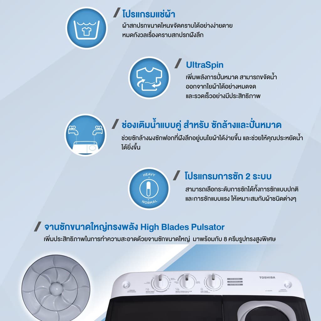 TOSHIBA รุ่น VH-H85MT เครื่องซักผ้า 2 ถัง 7.5 กิโลกรัม สีขาว ตัวถังโพลิเมอร์คุณภาพสูงไม่เป็นสนิม จานซักพลังแรงช่วยขจัดคราบฝังลึกประหยัดน้ำและเวลา https://lnwchill.com