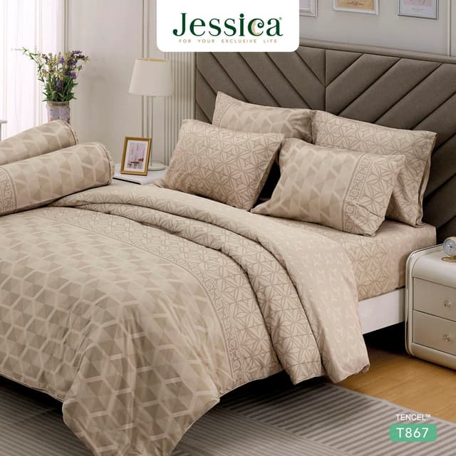 Jessica รุ่น T867 ชุดเครื่องนอน Tencel พิมพ์ลาย ให้สัมผัสที่นุ่มลื่นดุจแพรไหม ระบายอากาศดีเยี่ยม Jessica Tencel T867, ชุดเครื่องนอน Jessica พิมพ์ลาย, ผ้าปูที่นอน Tencel, ผ้านวมเจสสิก้า