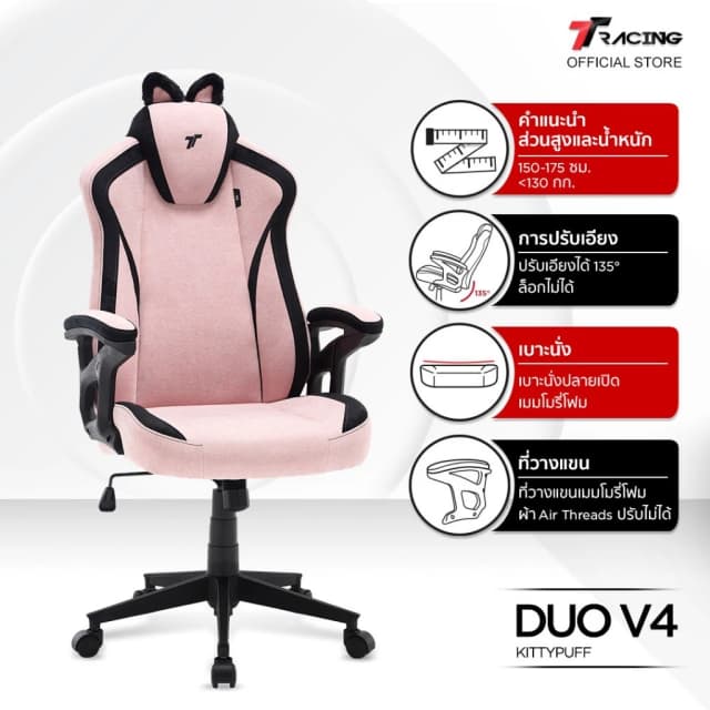 TTRacing Duo V4 KittyPuff BunnyBliss Gaming Chair เก้าอี้สีชมพู เก้าอี้สีขาว เก้าอี้สำนักงาน เก้าอี้เกมมิ่ง เกรดพรีเมี่ยม - รับประกันอย่างเป็นทางการ 2 ปี