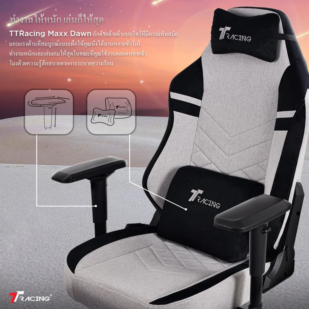 TTRacing Maxx Gaming Chair เก้าอี้เกมมิ่ง เก้าอี้สีเทา สีดำ นั่งสบาย ปรับเอนได้ 155 องศา, หมอนรองคอและเอวเมมโมรี่โฟมกำมะหยี่ https://lnwchill.com