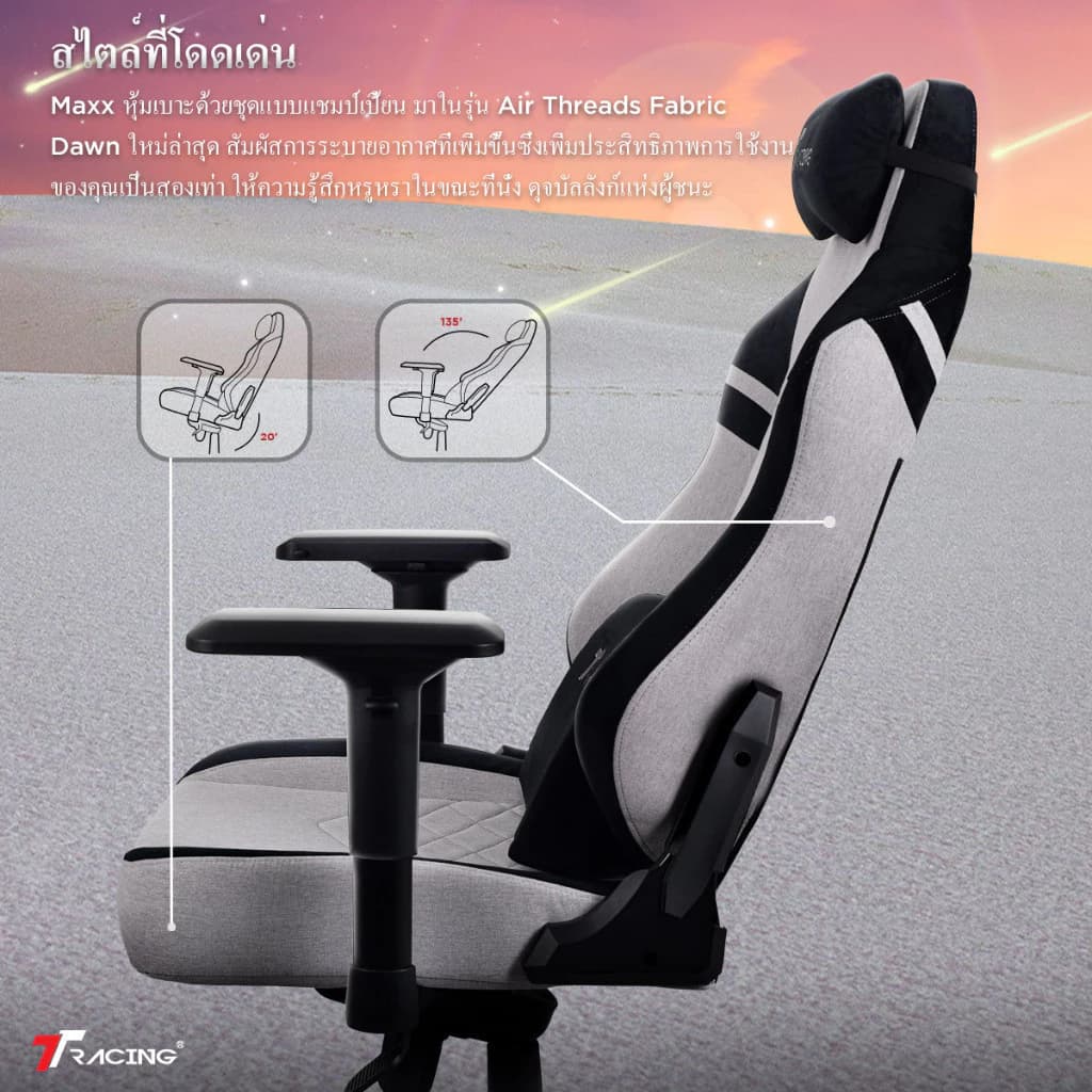 TTRacing Maxx Gaming Chair เก้าอี้เกมมิ่ง เก้าอี้สีเทา สีดำ นั่งสบาย ปรับเอนได้ 155 องศา, หมอนรองคอและเอวเมมโมรี่โฟมกำมะหยี่ https://lnwchill.com