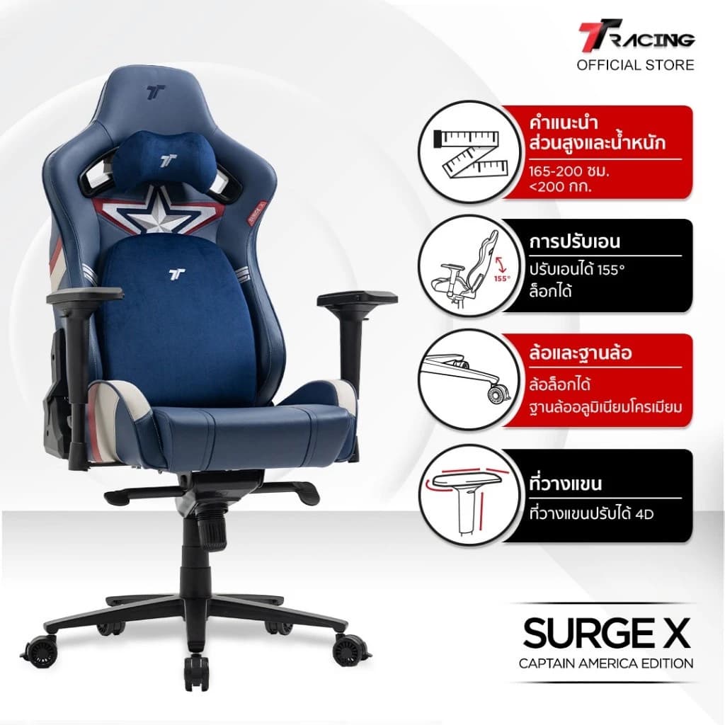 TTRacing Surge X Gaming Chair Captain America เก้าอี้สีน้ำเงิน เก้าอี้สำนักงาน เก้าอี้เกมมิ่ง เก้าอี้เกมมิ่งเพื่อสุขภาพ Ergonomic นุ่มสบาย ตามหลักสรีระศาสตร์ https://lnwchill.com