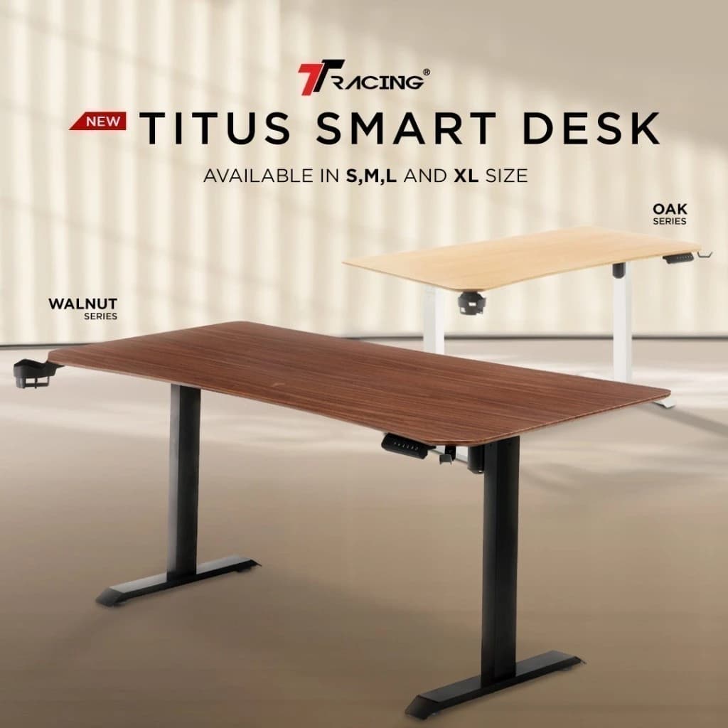 TTRacing Titus Smart Desk โต๊ะทํางานปรับระดับไฟฟ้า โต๊ะไฟฟ้า สีขาว สีเมเปิ้ล สีน้ำตาลวอลนัท สีโทนอุ่น สีไม้  โต๊ะคอม ดีไซน์ล้ำ เพิ่มความสะดวก ปรับระดับความสูงได้ หน้าโต๊ะกว้าง ขอบไร้เหลี่ยม ทนทาน รับประกันคุณภาพ รองรับน้ำหนักได้ถึง 80 กก. https://lnwchill.com