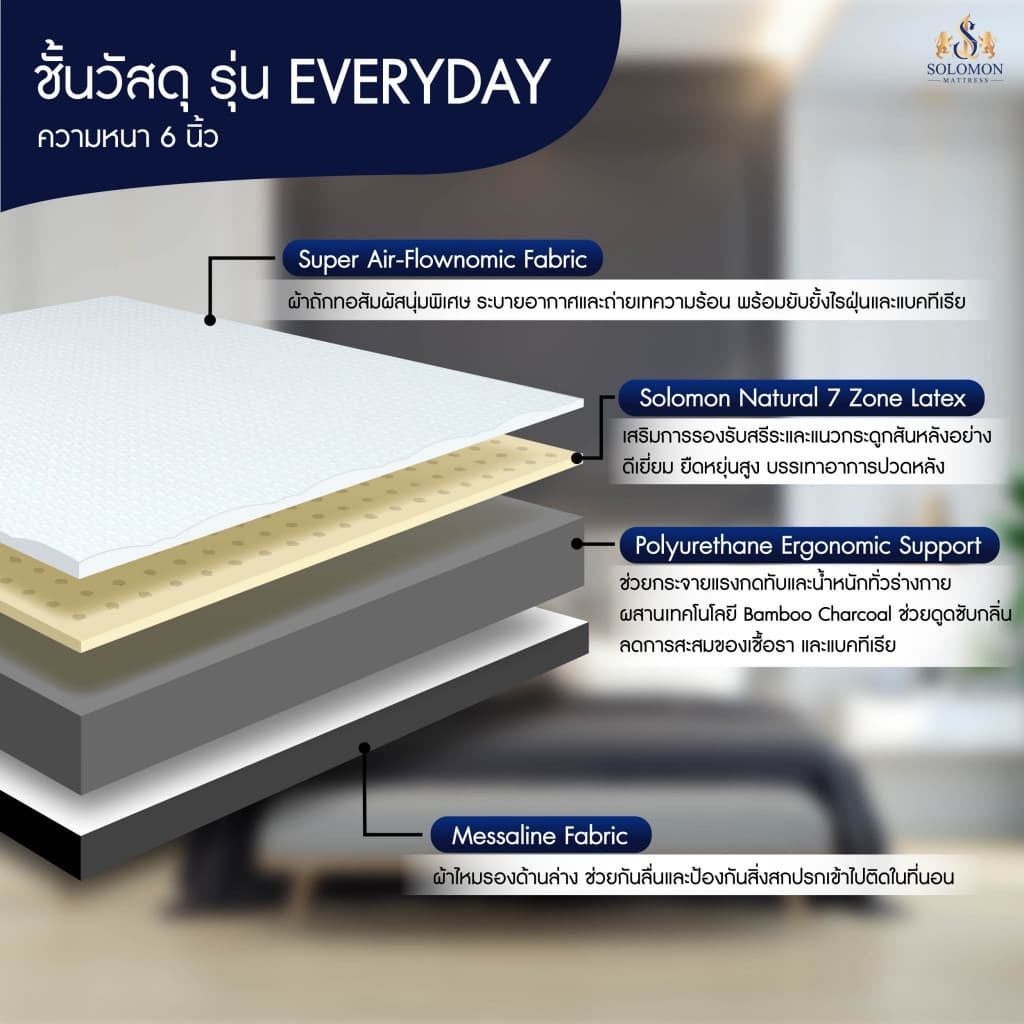 Solomon mattress รุ่น EVERYDAY ที่นอนยางพาราธรรมชาติแท้ 100% หนา 6 นิ้ว รองรับสรีระ 7 โซน บรรเทาอาการปวดหลัง https://lnwchill.com