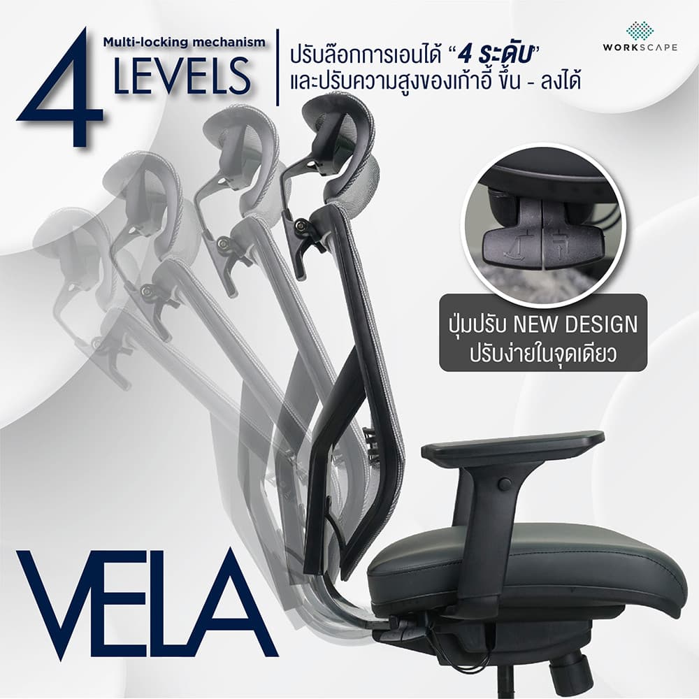 Workscape รุ่น Vela เก้าอี้สุขภาพ พนักพิงตาข่ายสีเทา เบาะหุ้มหนัง พนักพิงศีรษะ3D รองรับสรีระ ลดออฟฟิศซินโดรม https://lnwchill.com
