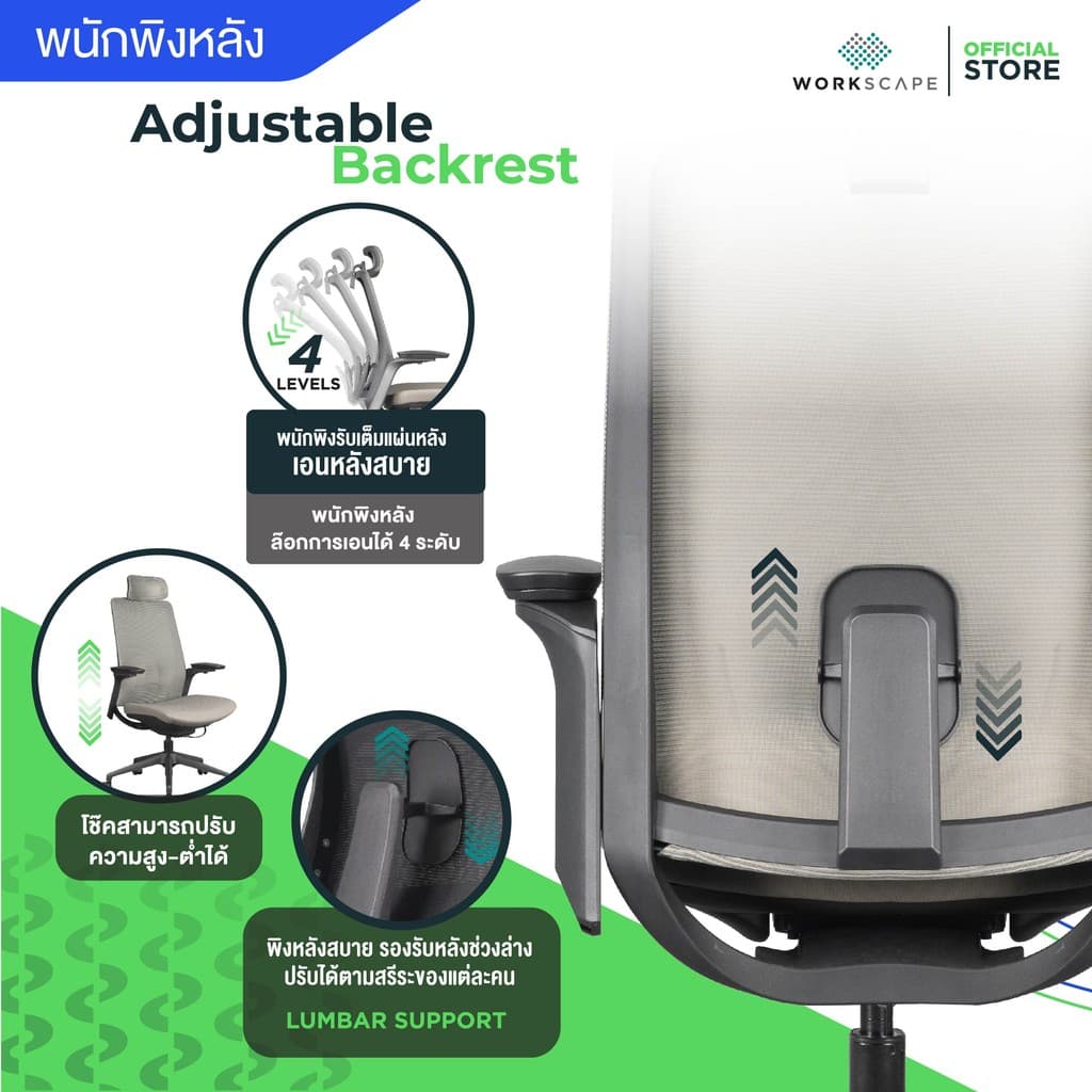 Workscape รุ่น Mensa เก้าอี้เพื่อสุขภาพ พนักพิงตาข่าย สีดำหรือสีเทา รองรับสรีระ ปรับฟังก์ชันครบ https://lnwchill.com