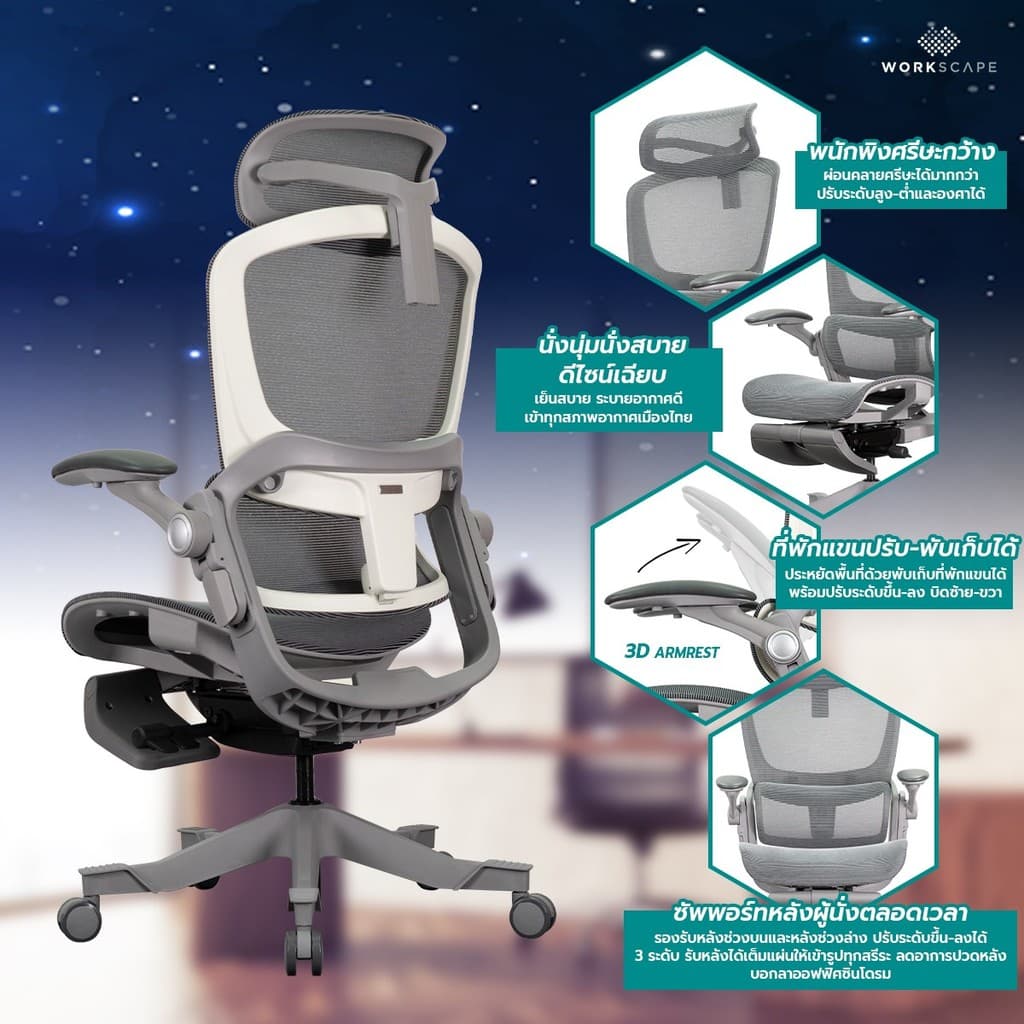 Workscape รุ่น WCH-0009 เก้าอี้สุขภาพ Big Size พนังพิงกว้าง หุ้มตาข่าย มีที่พักขา รองรับสรีระใหญ่ ป้องกันออฟฟิศซินโดรม https://lnwchill.com