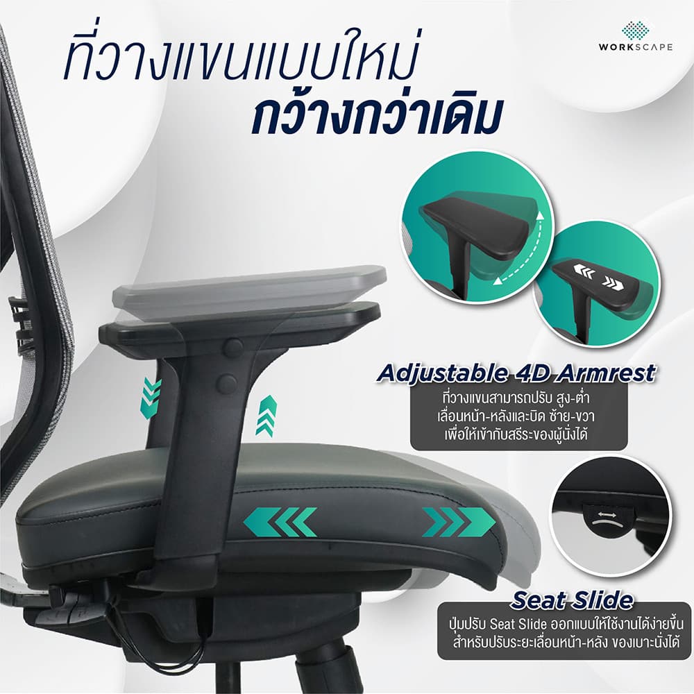 Workscape รุ่น Vela เก้าอี้สุขภาพ พนักพิงตาข่ายสีเทา เบาะหุ้มหนัง พนักพิงศีรษะ3D รองรับสรีระ ลดออฟฟิศซินโดรม https://lnwchill.com