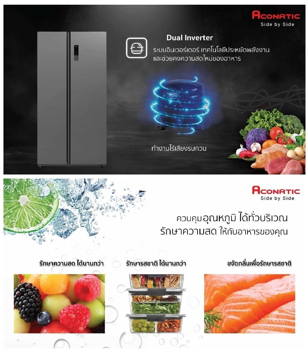 ACONATIC รุ่น AN-FR5250S ตู้เย็น Side By Side 18.5 คิว สี Dark Grey ดีไซน์หรู ความจุเยอะ ระบบ No Frost ถนอมอาหารสดใหม่ประหยัดไฟ https://lnwchill.com