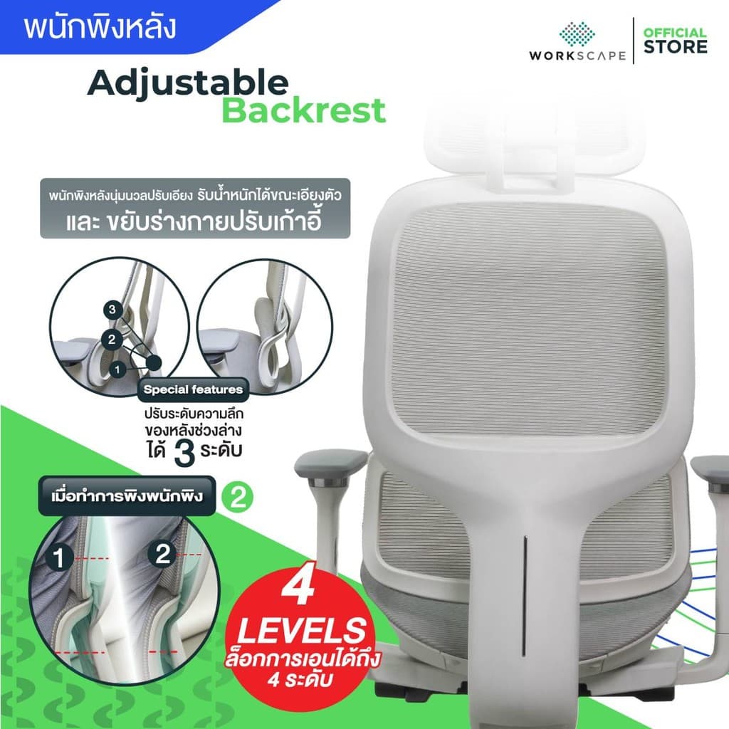 Workscape รุ่น Stella WCH-00050 เก้าอี้สุขภาพผ้าตาข่ายทั้งตัว แขนปรับ 360 องศา รองรับสรีระ https://lnwchill.com