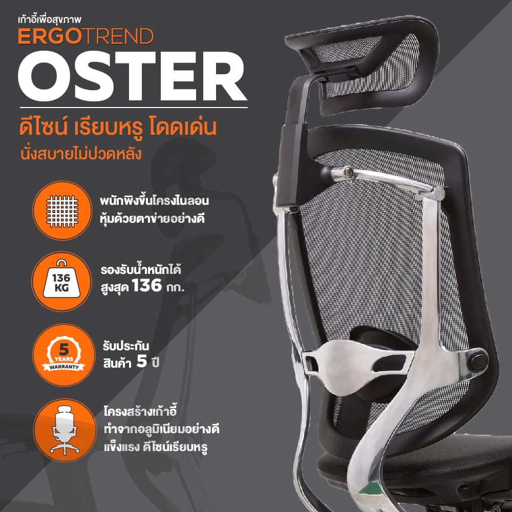 Ergotrend เก้าอี้เพื่อสุขภาพเออร์โกเทรน รุ่น Oster สีดำ เก้าอี้สีดำ ระบายอากาศดีเยี่ยม นุ่มสบาย ตามหลักสรีระศาสตร์ Ergonomic รองรับน้ำหนักได้สูงสุด 150 กก. ลดอาการปวดเมื่อย เกรดพรีเมี่ยม https://lnwchill.com