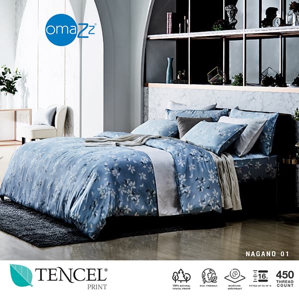 Omazz รุ่น TENCEL PRINT NAGANO 01 ผ้าปูที่นอน 5 ฟุต ผลิตจากเส้นใย Tencel™ ธรรมชาติ 100% มอบสัมผัสที่นุ่มลื่นดุจใยไหมและเย็นสบายอย่างเหนือระดับ เพื่อการพักผ่อนที่ดีที่สุดของคุณ