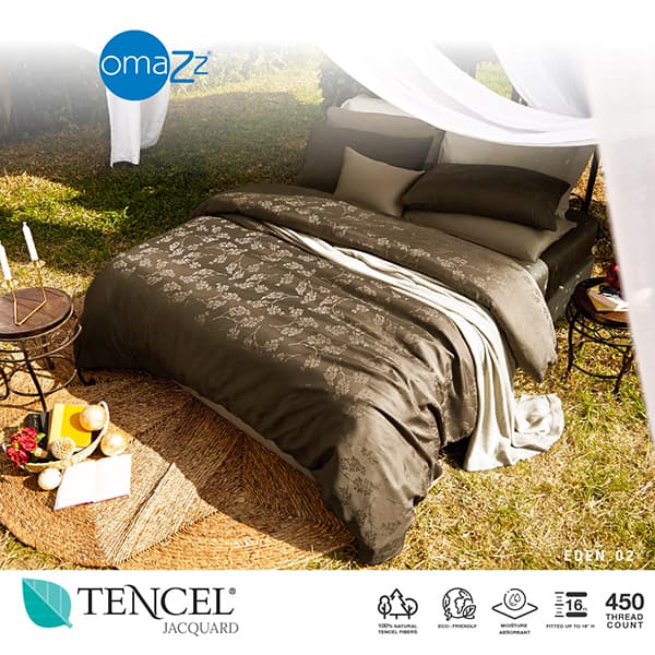 Omazz รุ่น Eden 02 ผ้าปูที่นอน Tencel Jacquard ขนาด 6 ฟุต มอบสัมผัสการพักผ่อนระดับพรีเมียมที่นุ่มลื่นและเย็นสบายด้วยนวัตกรรมเส้นใยธรรมชาติ 100% https://lnwchill.com