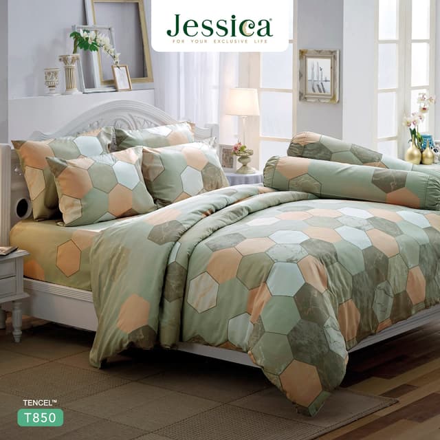 Jessica รุ่น T850 ชุดเครื่องนอน Tencel™ Lyocell พิมพ์ลายโดดเด่น ขนาด 3.5/5/6 ฟุต ให้สัมผัสนุ่มลื่นดุจแพรไหม ระบายอากาศดีเยี่ยม เหมาะสำหรับผิวแพ้ง่าย