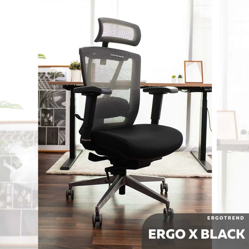Ergotrend เก้าอี้เพื่อสุขภาพ เออร์โกเทรน รุ่น ERGO-X BLACK สีดำ เก้าอี้สีดำ ระบายอากาศดีเยี่ยม นุ่มสบาย ตามหลักสรีระศาสตร์ Ergonomic เก้าอี้พนักพิงสูง ลดอาการปวดเมื่อย เกรดคุณภาพ https://lnwchill.com