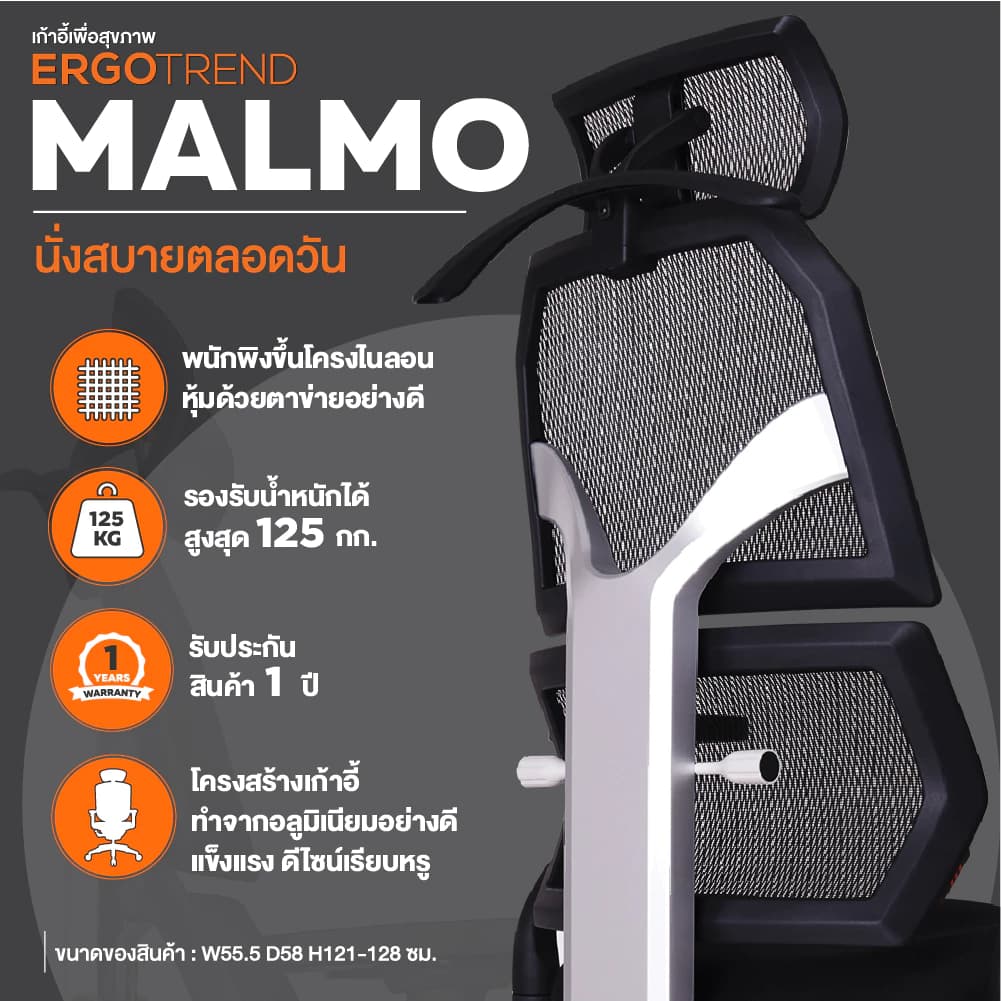 Ergotrend เก้าอี้เพื่อสุขภาพ เออร์โกเทรน รุ่น Malmo เก้าอี้สีดำ ระบายอากาศดีเยี่ยม นุ่มสบาย ตามหลักสรีระศาสตร์ Ergonomic เก้าอี้พนักพิงสูง ลดอาการปวดเมื่อย เกรดคุณภาพ ราคาดี https://lnwchill.com