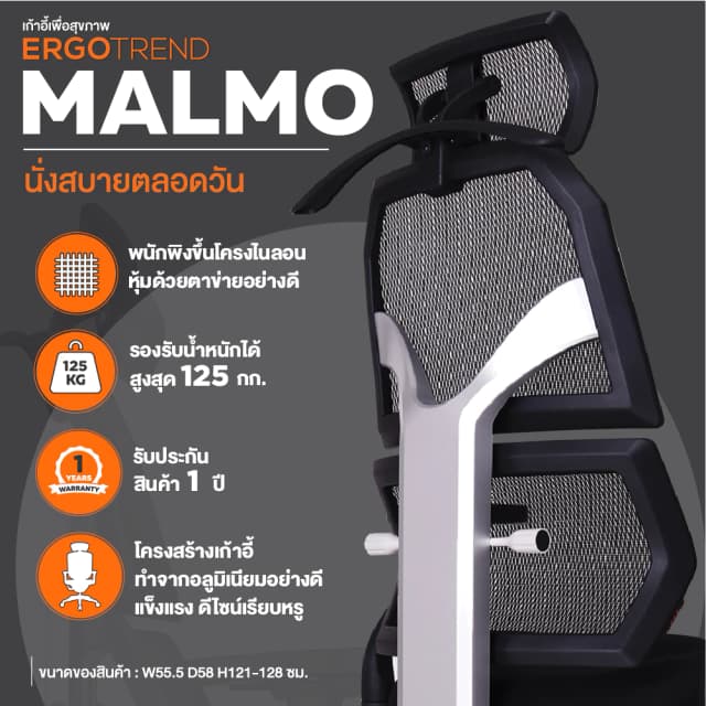 Ergotrend เก้าอี้เพื่อสุขภาพ เออร์โกเทรน รุ่น Malmo เก้าอี้สีดำ ระบายอากาศดีเยี่ยม นุ่มสบาย ตามหลักสรีระศาสตร์ Ergonomic เก้าอี้พนักพิงสูง ลดอาการปวดเมื่อย เกรดคุณภาพ ราคาดี