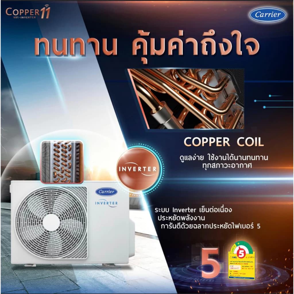 Carrier COPPER11 แอร์ติดผนังระบบอินเวอร์เตอร์รุ่น COPPER11 ขนาด 9200-25200 BTU แอร์ เครื่องปรับอากาศ https://lnwchill.com