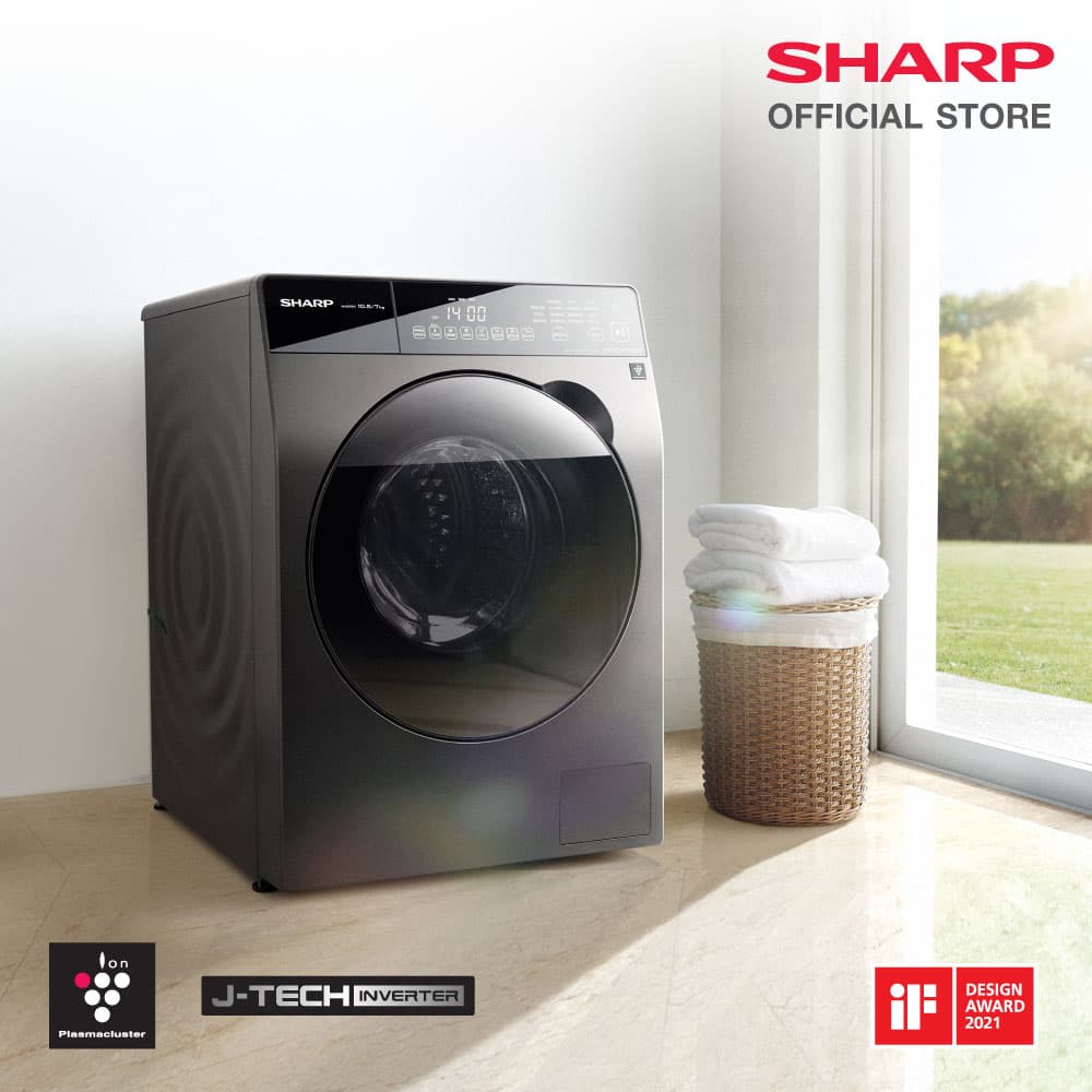 SHARP รุ่น ES-DK1054PT-S เครื่องซักผ้าฝาหน้า Pro Flex 10.5 Kg ระบบ Plasmacluster ซักอบแห้ง 7 Kg ประหยัดพลังงานด้วย J-Tech Inverter ดีไซน์พรีเมียมรางวัลระดับโลก https://lnwchill.com