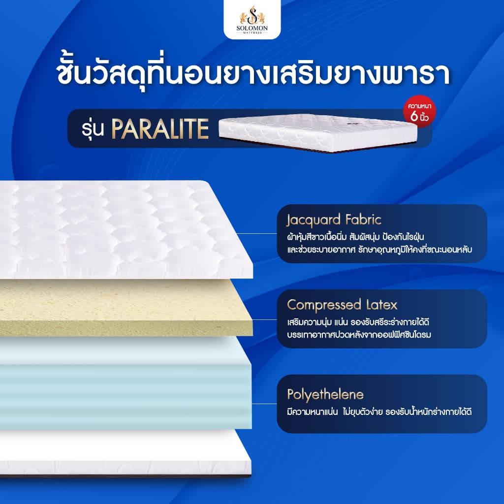 Solomon mattress SOLOMON รุ่น Paralite ที่นอนยางพาราเสริมยางพาราอัด หนา 6 นิ้ว รองรับสรีระได้ดีเยี่ยม https://lnwchill.com