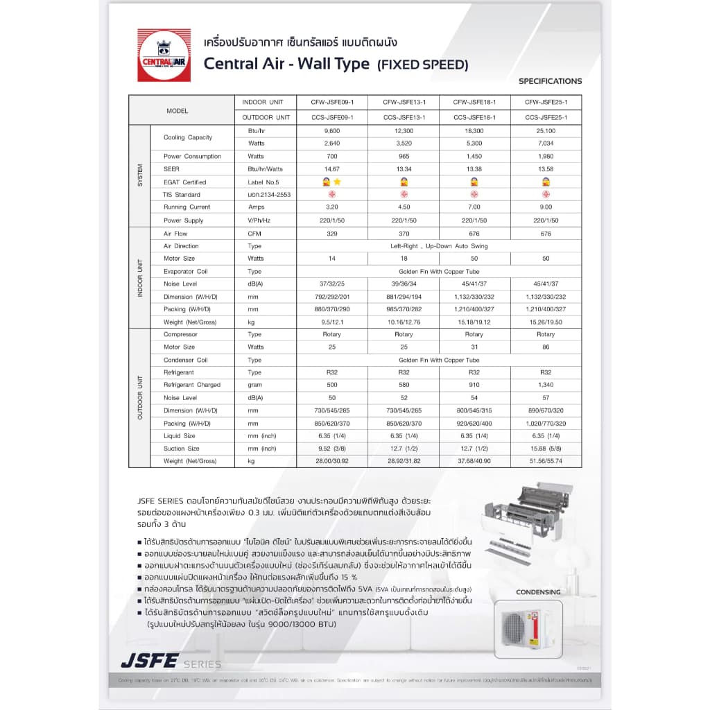 Central Air centralair แอร์ติดผนังรุ่น JSFE R32 ขนาด 9000-25000 BTU https://lnwchill.com