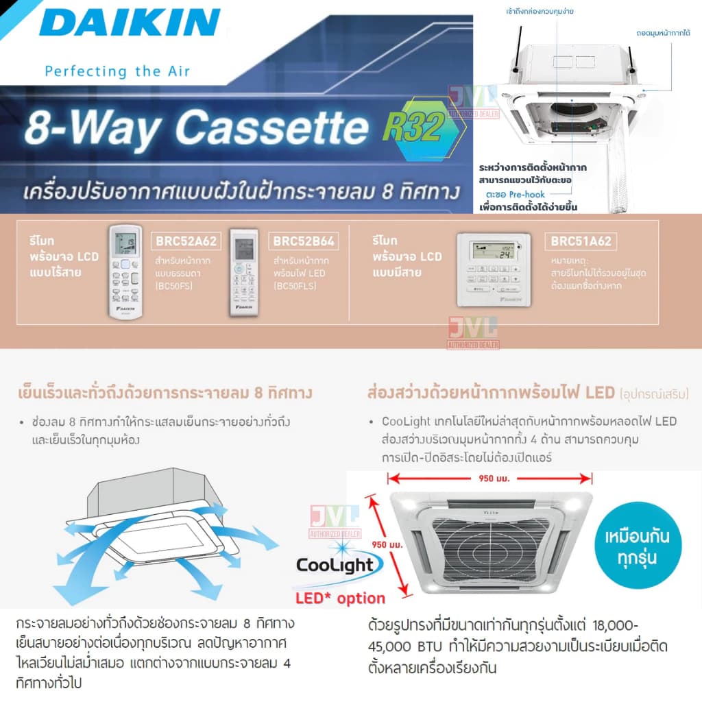 Daikin ไดกิ้น แอร์ 8 ทิศทาง รุ่น FCC SkyAir Cassette (Non-Inverter) R32 แบบฝังฝ้าเพดาน (เฉพาะเครื่อง ส่งฟรี*) https://lnwchill.com