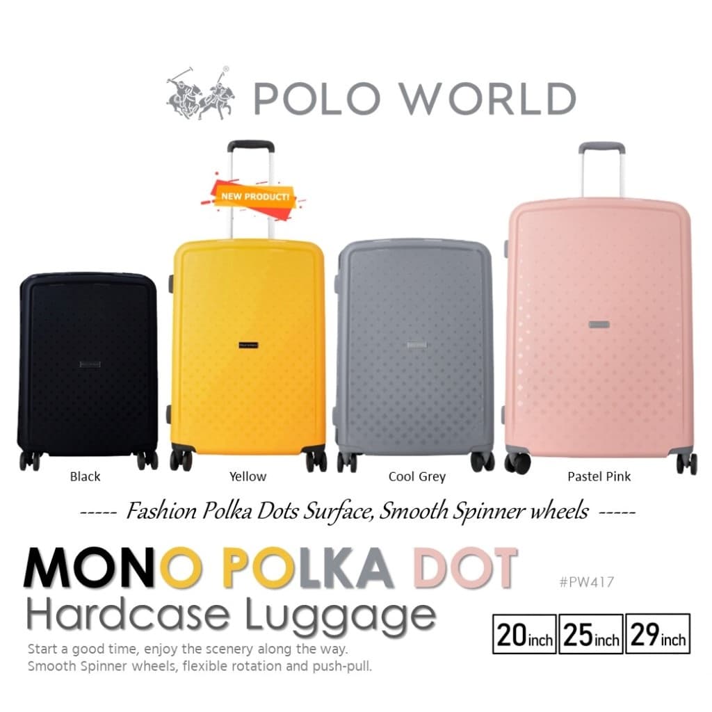 POLO WORLD รุ่น PW417 กระเป๋าเดินทาง Hardcase ลาย Polka Dot วัสดุ Polypropylene แข็งแรงทนทาน ล้อลากคู่ 360 องศา พร้อมระบบ TSA Lock https://lnwchill.com