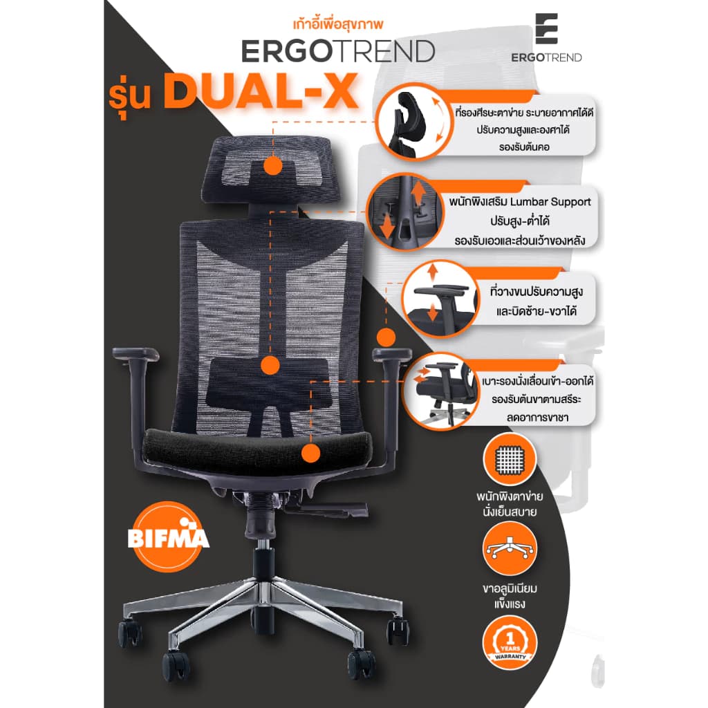 Ergotrend เก้าอี้เพื่อสุขภาพ เออร์โกเทรน รุ่น Dual-X เก้าอี้สีดำ ระบายอากาศดีเยี่ยม นุ่มสบาย ตามหลักสรีระศาสตร์ Ergonomic เก้าอี้พนักพิงสูง ลดอาการปวดเมื่อย เกรดคุณภาพ https://lnwchill.com