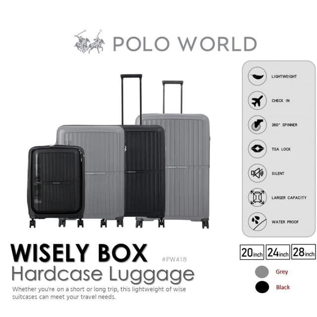 POLO WORLD รุ่น PW418 Wisely Tanker Hardcase Luggage กระเป๋าเดินทางล้อลากวัสดุ PP แข็งแรงทนทาน พร้อมระบบ TSA Lock รับประกัน 2 ปี