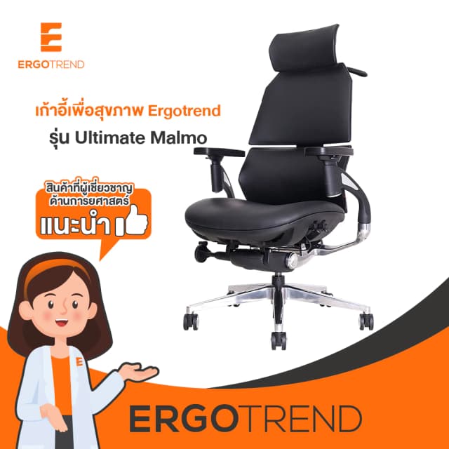 Ergotrend เก้าอี้เพื่อสุขภาพ เออร์โกเทรน รุ่น Ultimate Malmo เก้าอี้สีดำ ระบายอากาศดีเยี่ยม นุ่มสบาย ตามหลักสรีระศาสตร์ Ergonomic เก้าอี้พนักพิงสูง ลดอาการปวดเมื่อย เกรดคุณภาพ