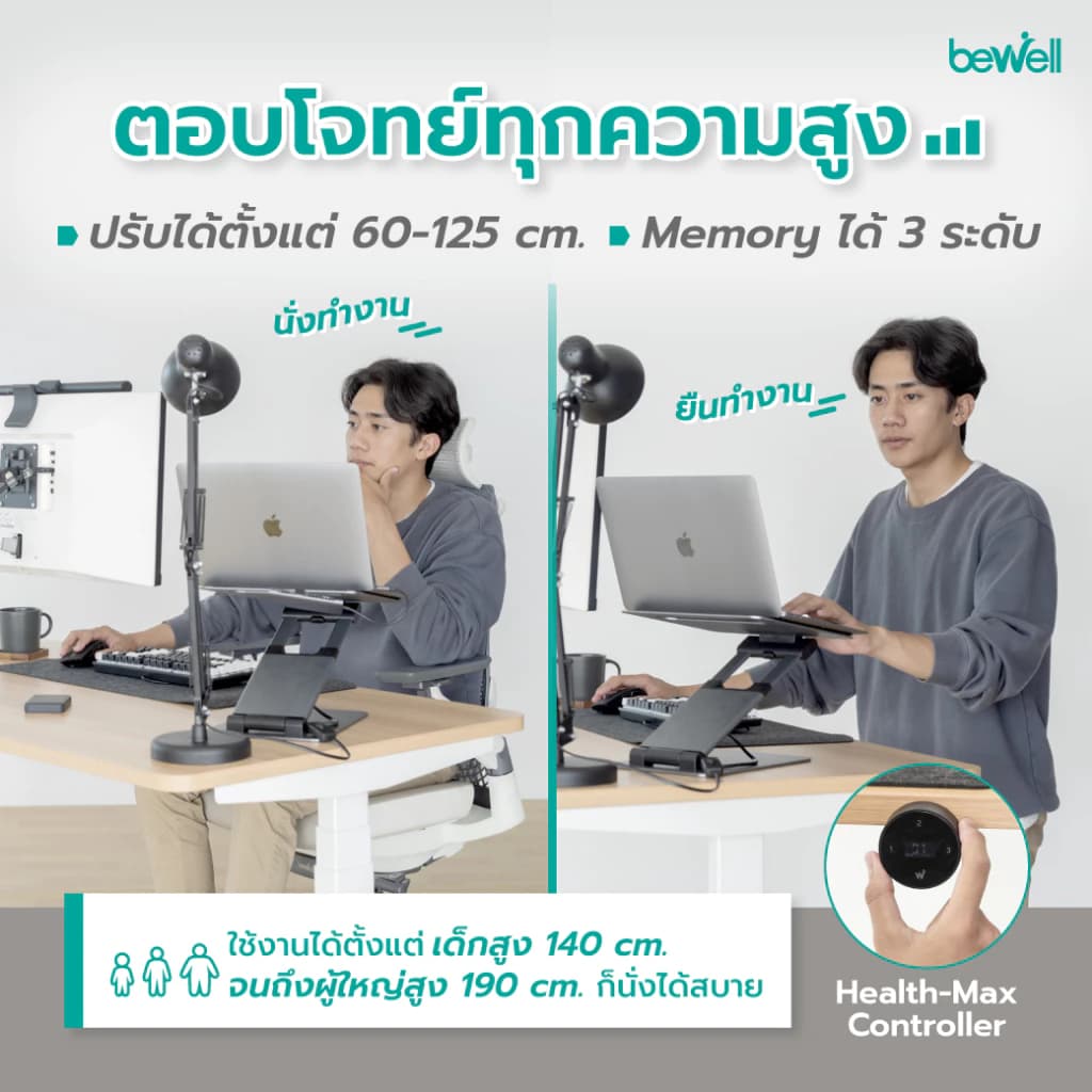 Bewell โต๊ะทำงานปรับระดับไฟฟ้า Health-max Controller Desk ตั้งเวลาเตือนให้ลุกยืนทำงาน รับประกัน 5 ปี https://lnwchill.com